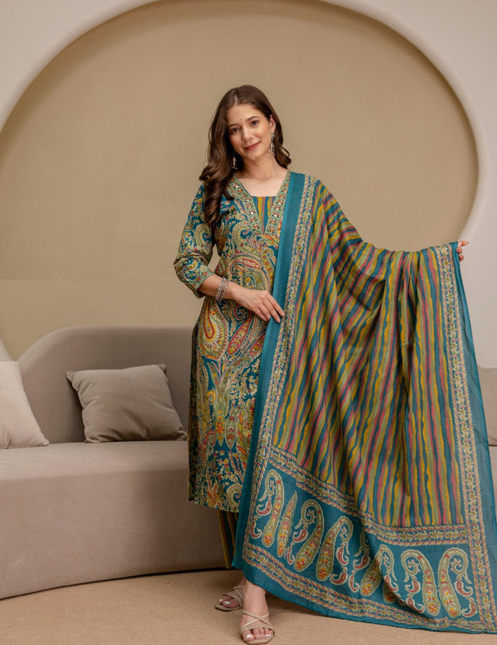 Teal Blue Paisley Cotton Suit Set