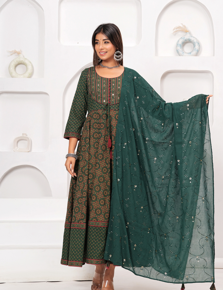 Elegant Green Printed Anarkali Set