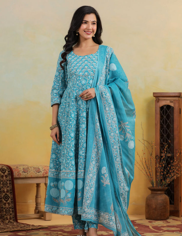 Turquoise Blue Floral Cotton Anarkali Suit Set with Dupatta