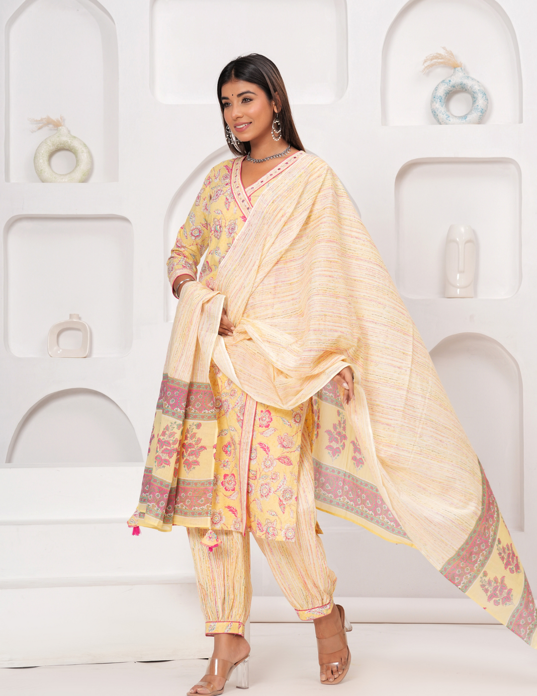 Elegant Floral Yellow Cotton Kurta Set