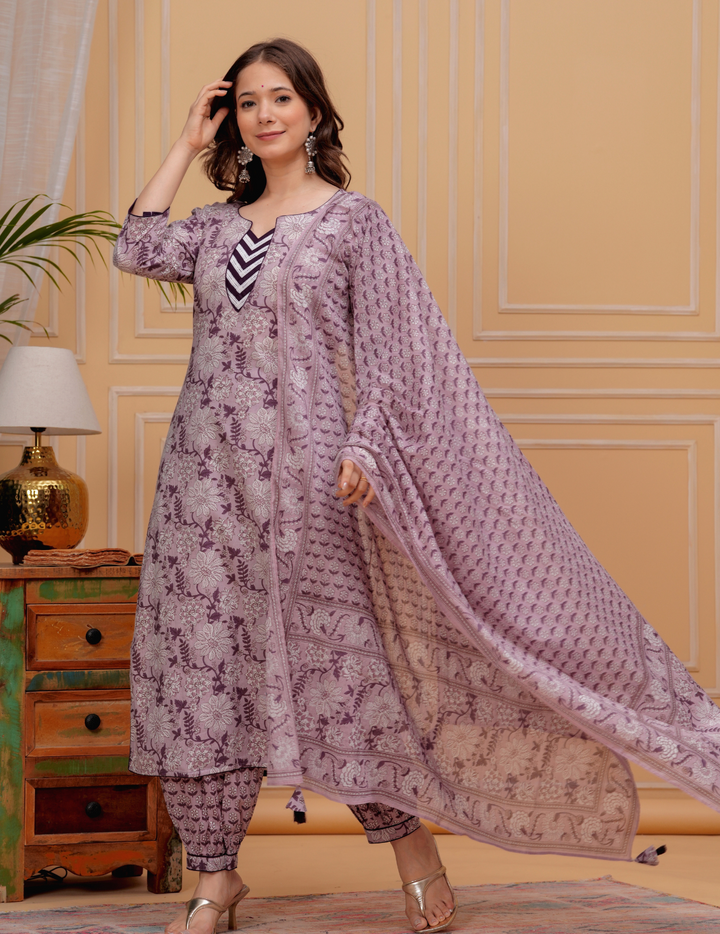 Delicate Lilac Floral Cotton Kurta Set