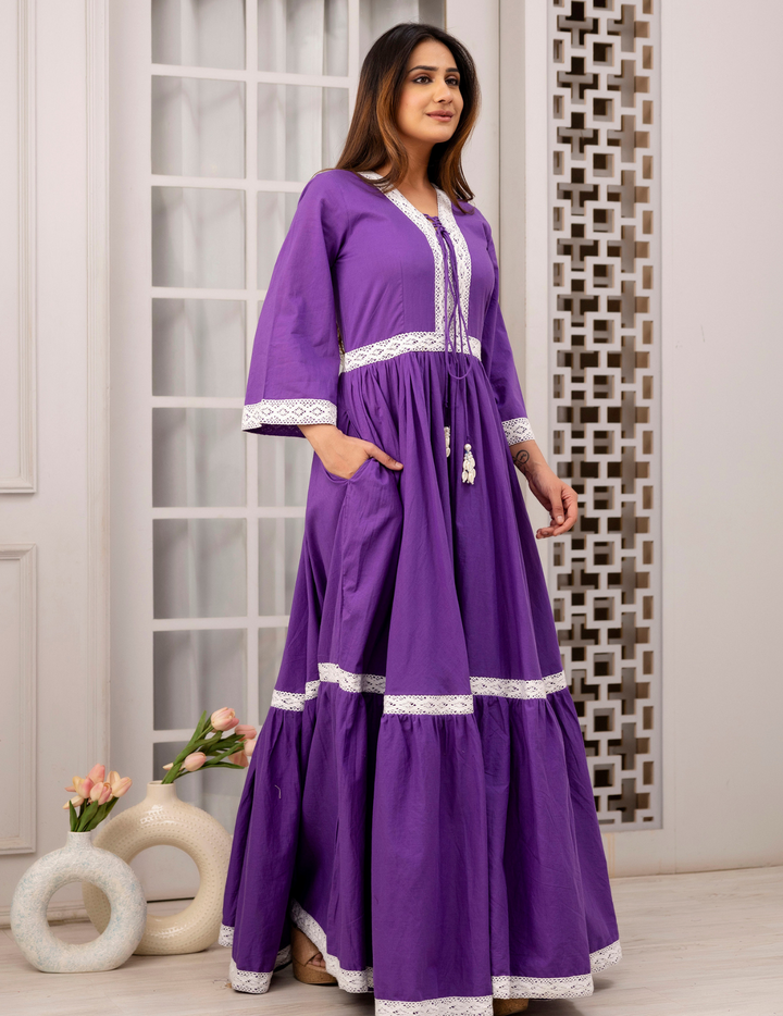 Regal Purple Lace-Trimmed Maxi Dress