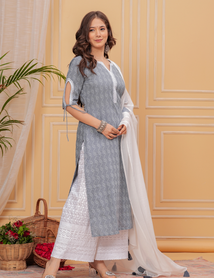 Elegant Grey Kurta Set with White Lace Detailing