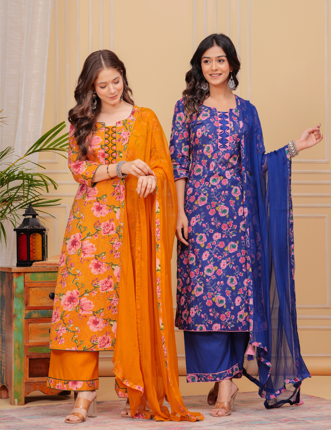 Vibrant Floral Cotton Kurta Sets - Yellow and Blue