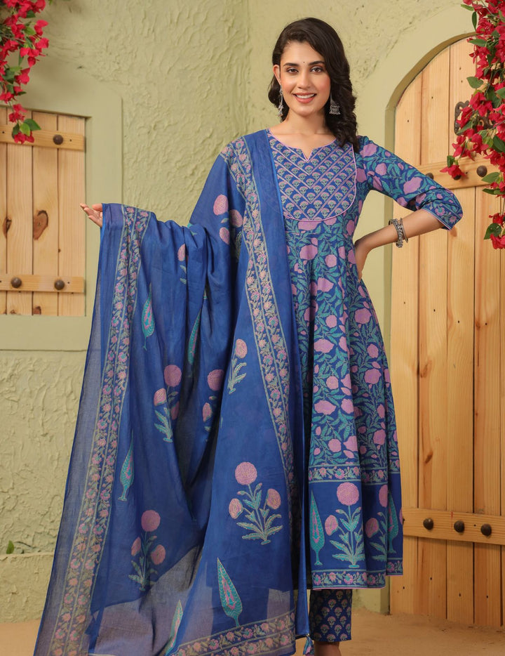 Royal Blue Printed Cotton Anarkali Suit Set with Dupatta