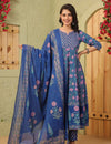 Royal Blue Printed Cotton Anarkali Suit Set with Dupatta