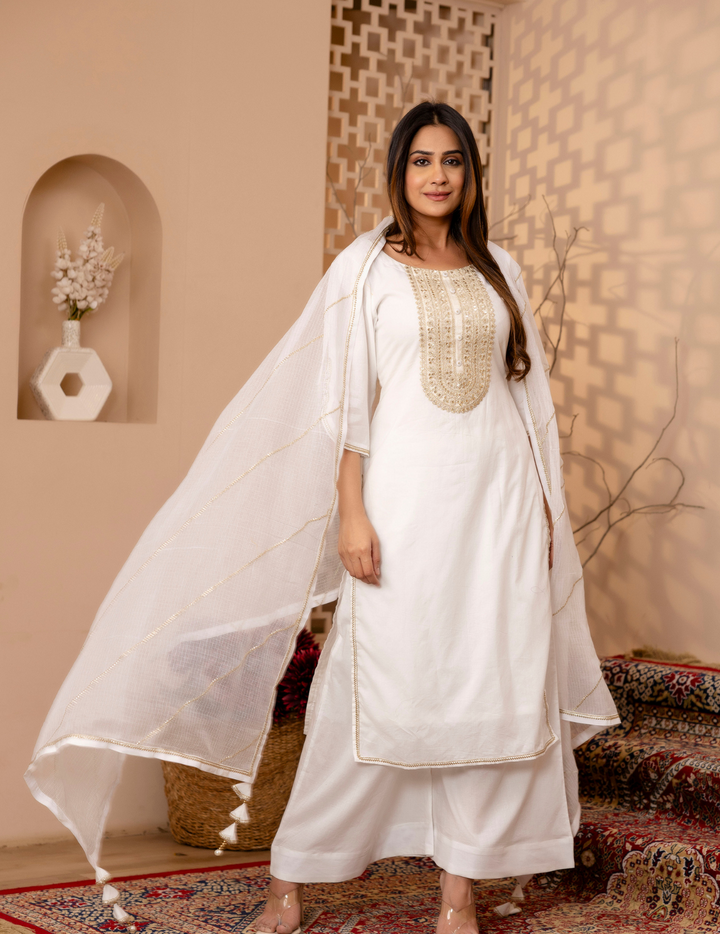 Elegant White Cotton Kurta Set with Kota Doria Dupatta