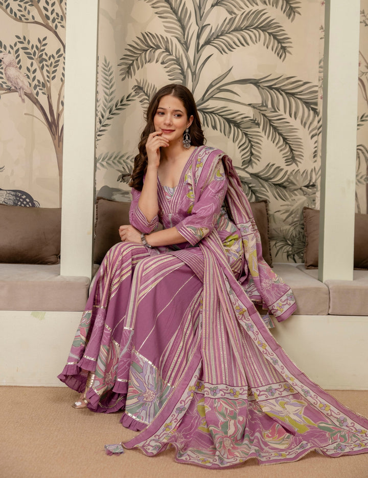 Mauve Floral Cotton Sharara Suit