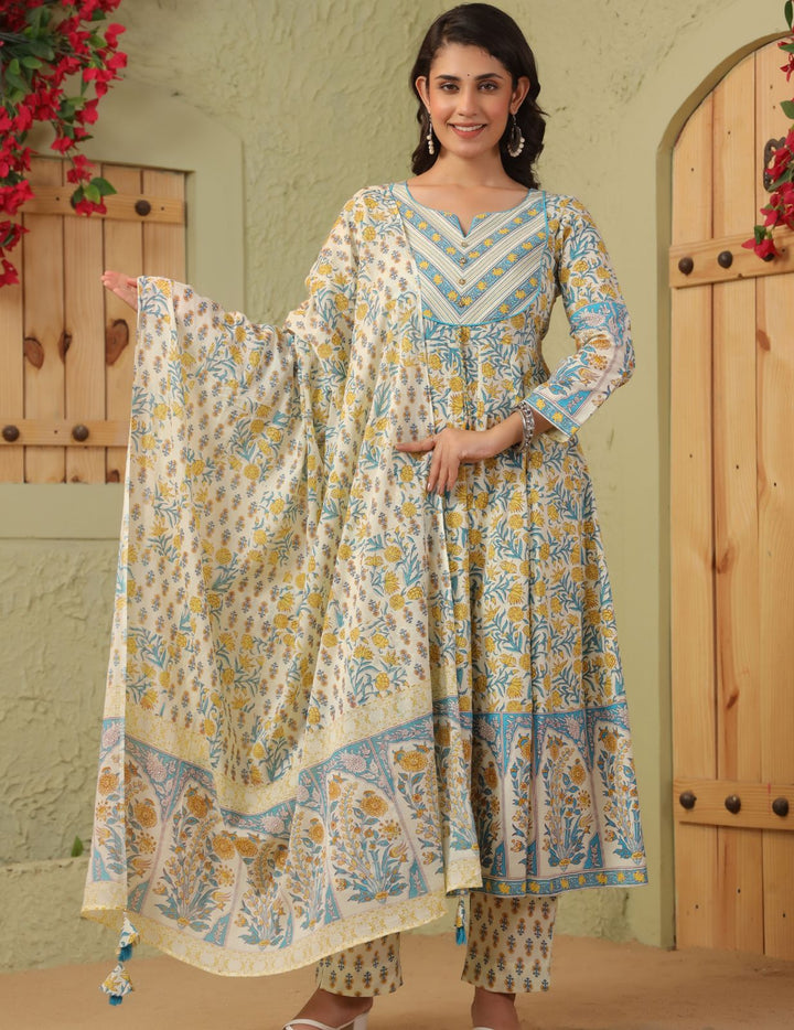 Ivory Floral Printed Cotton Anarkali Suit Set