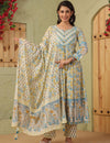 Ivory Floral Printed Cotton Anarkali Suit Set