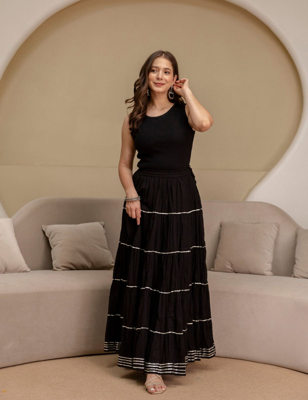 Black Mul Cotton Tiered Skirt