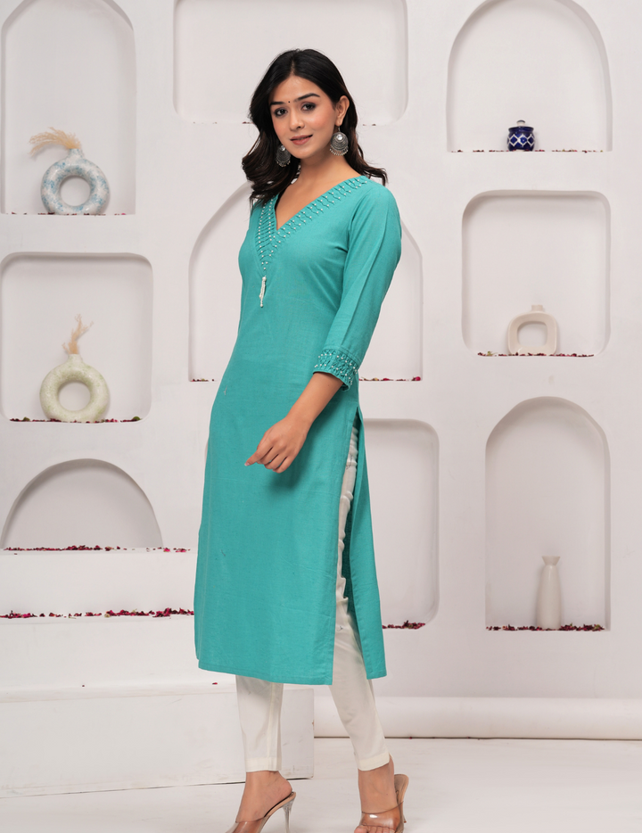 Turquoise Pearl-Embellished Kurta