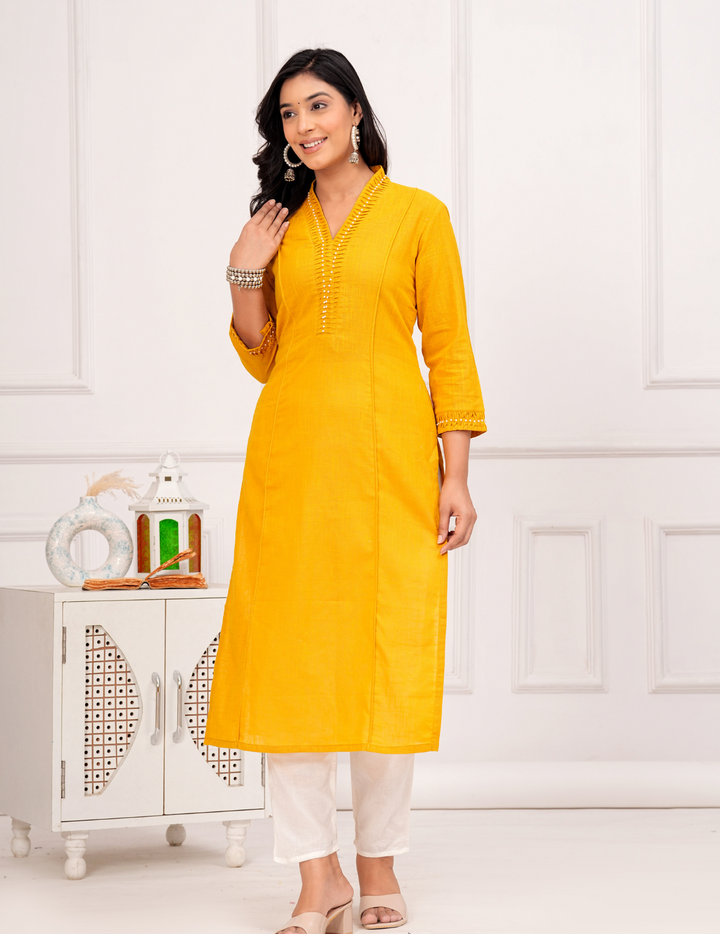 Golden Mustard Embroidered Kurta