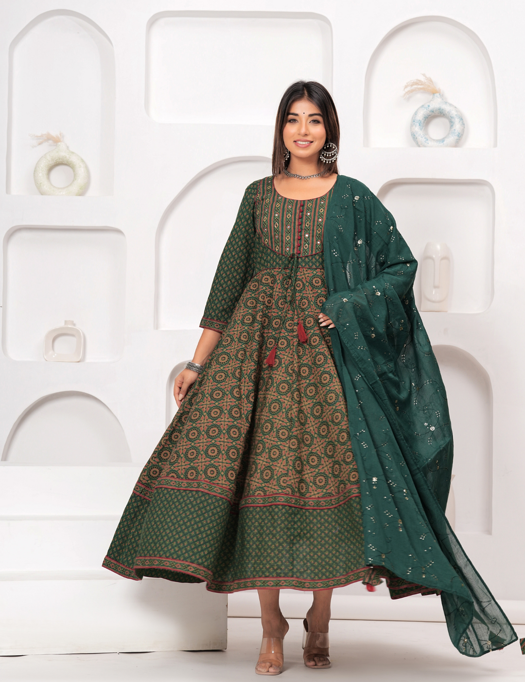 Elegant Green Printed Anarkali Set