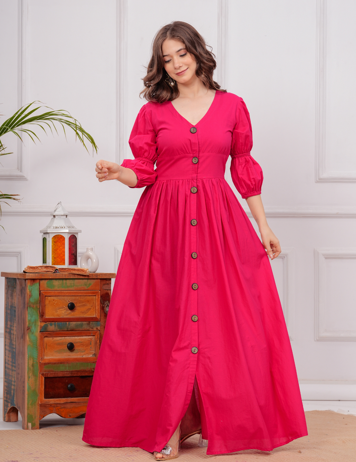 Elegant Hot Pink Maxi Dress with Button-Front Design