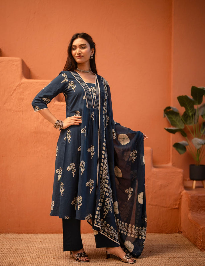 Navy Blue Floral Printed Pure Cotton Kurta Set with Dupatta