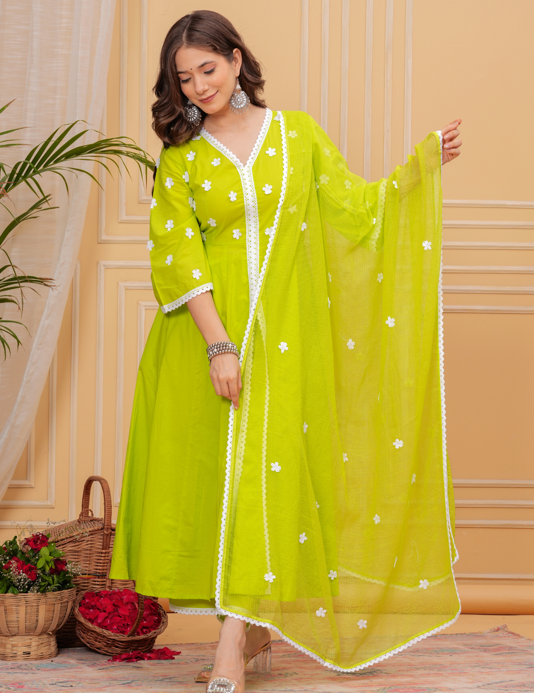 Vibrant Lime Green Anarkali Set with Floral Embroidery