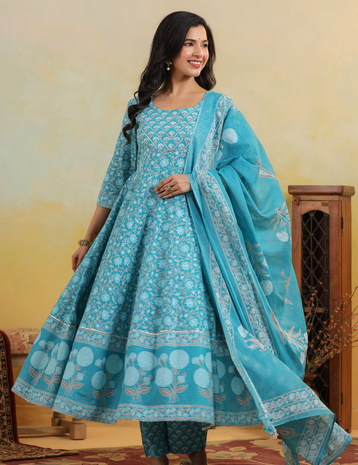 Turquoise Blue Floral Cotton Anarkali Suit Set with Dupatta