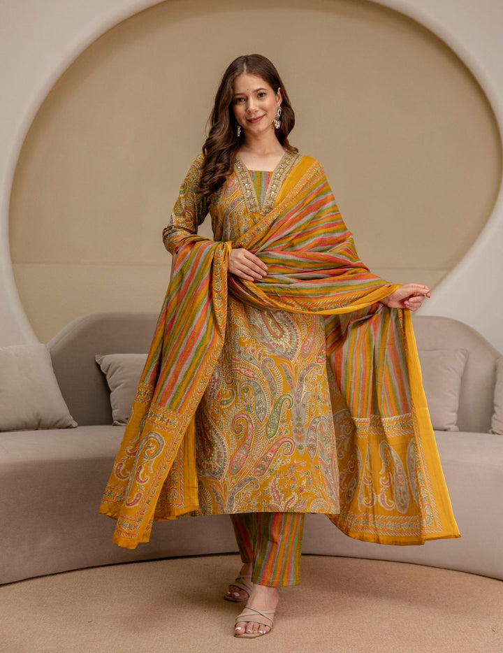 Mustard Yellow Paisley Cotton Suit Set