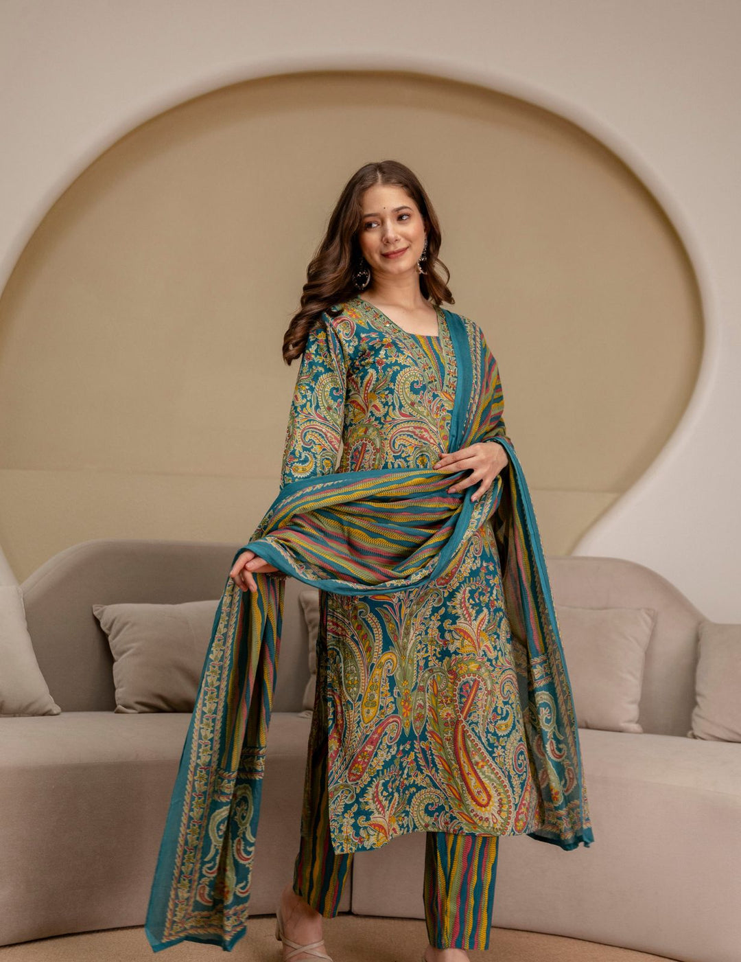 Teal Blue Paisley Cotton Suit Set
