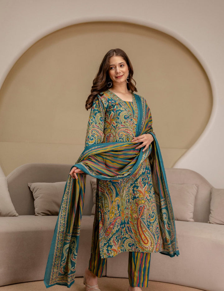 Teal Blue Paisley Cotton Suit Set