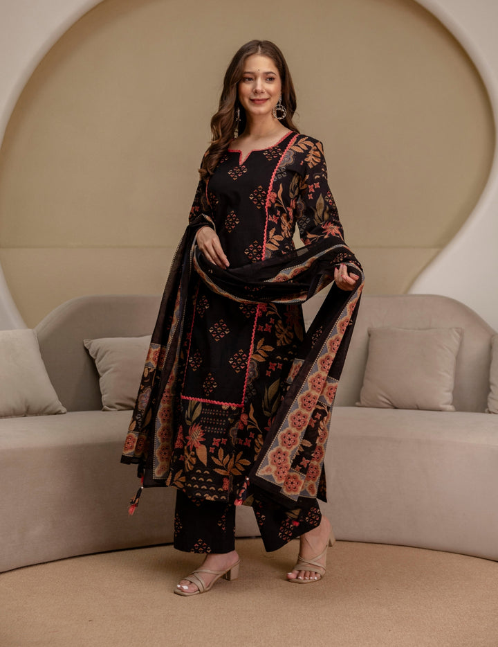 Black Floral Cotton Suit Set