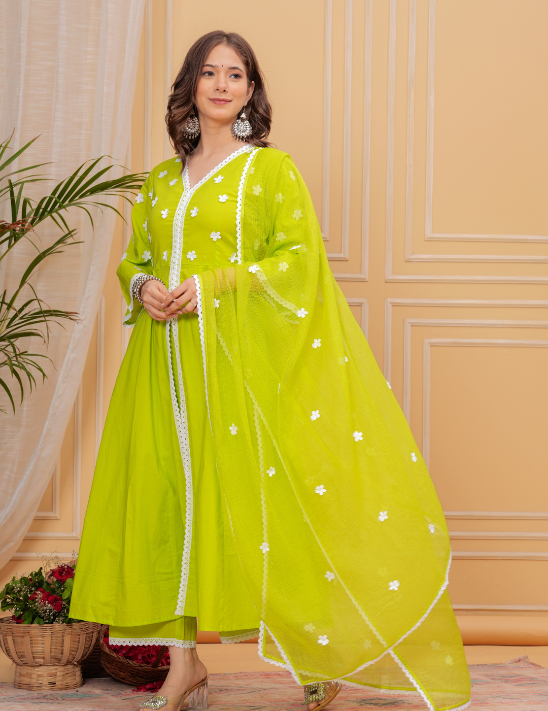 Vibrant Lime Green Anarkali Set with Floral Embroidery