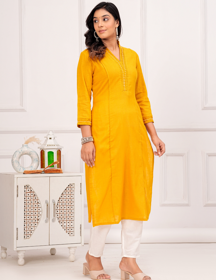 Golden Mustard Embroidered Kurta