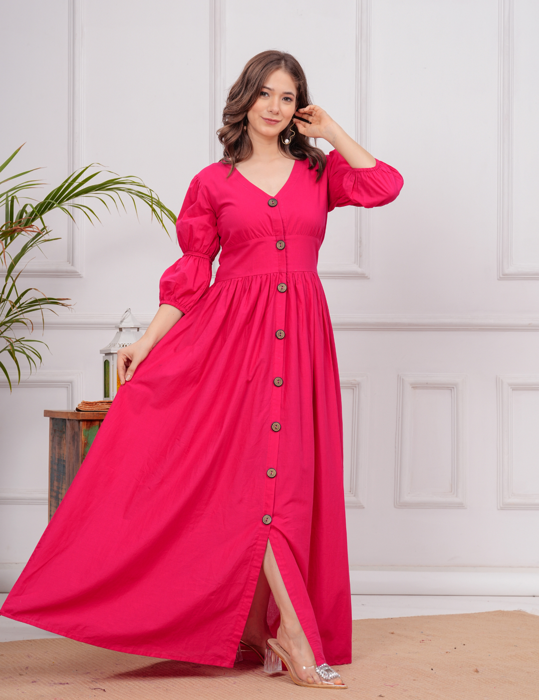 Elegant Hot Pink Maxi Dress with Button-Front Design