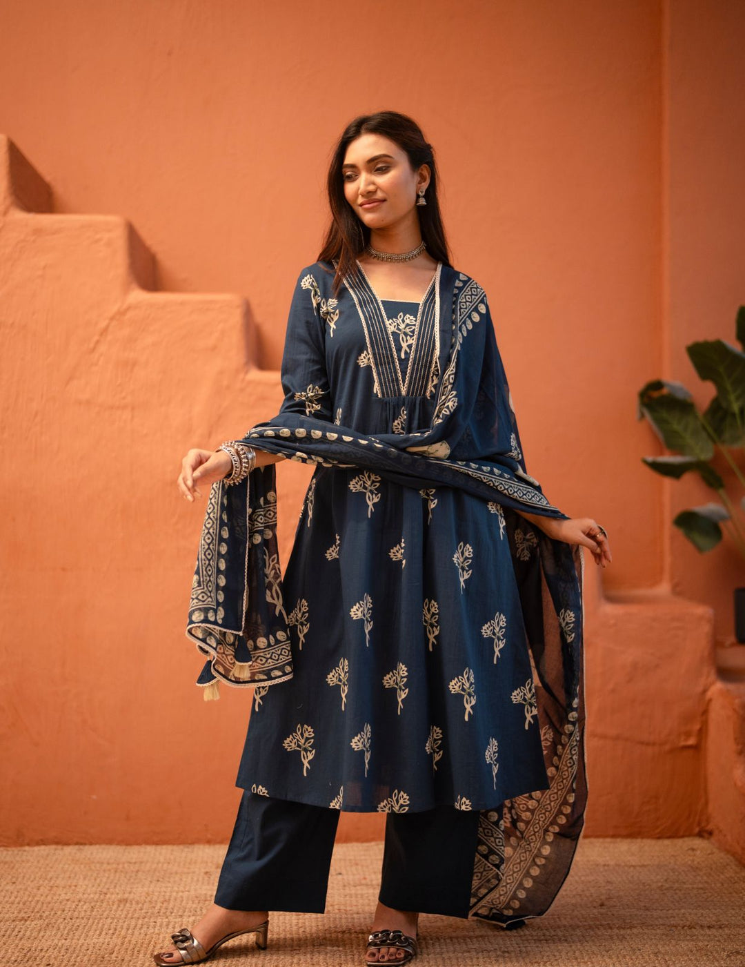 Navy Blue Floral Printed Pure Cotton Kurta Set with Dupatta