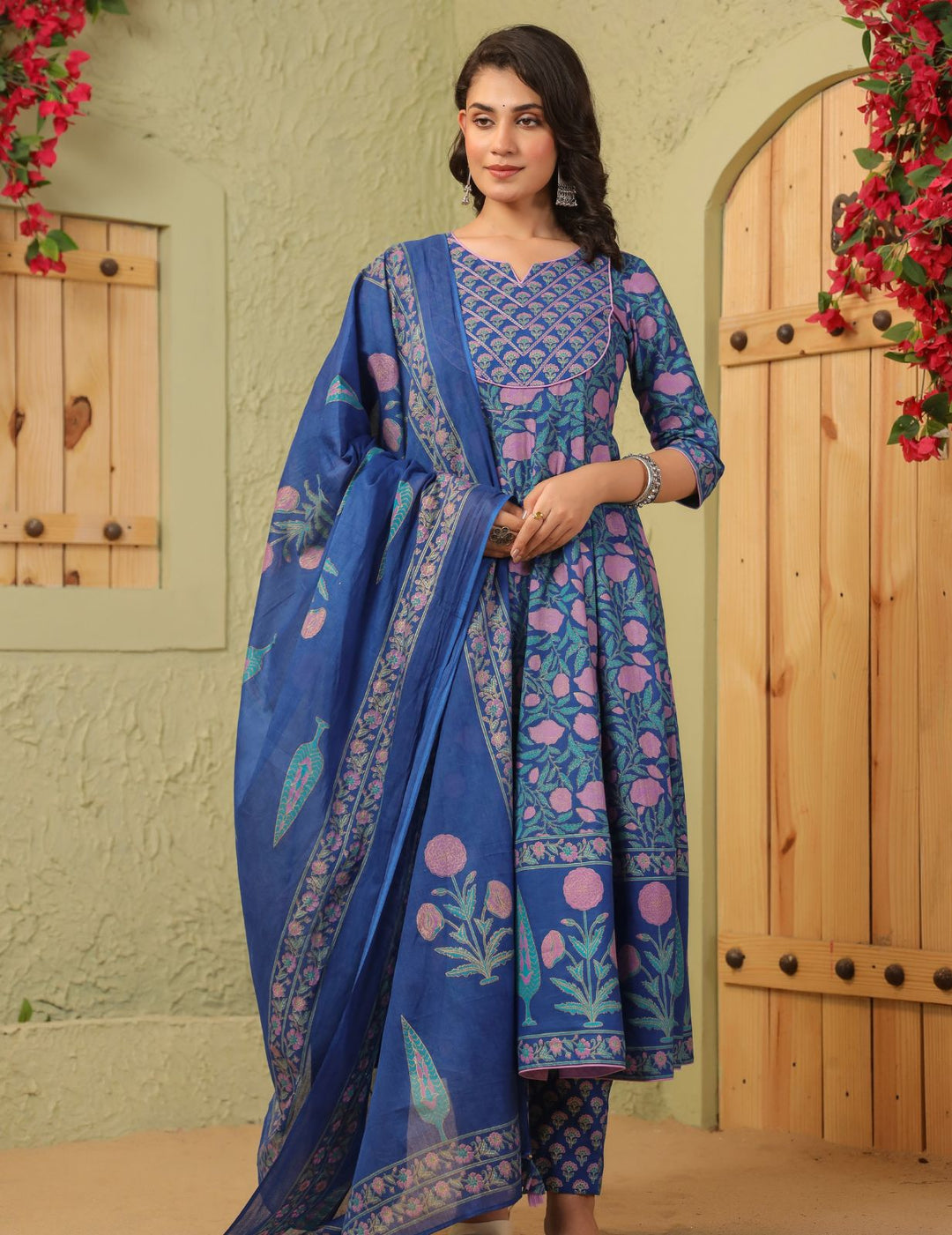 Royal Blue Printed Cotton Anarkali Suit Set with Dupatta