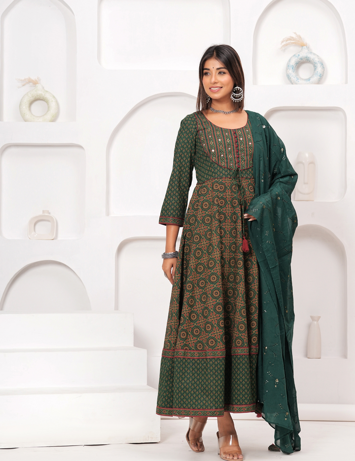 Elegant Green Printed Anarkali Set