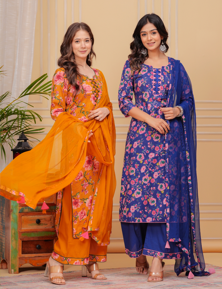 Vibrant Floral Cotton Kurta Sets - Yellow and Blue