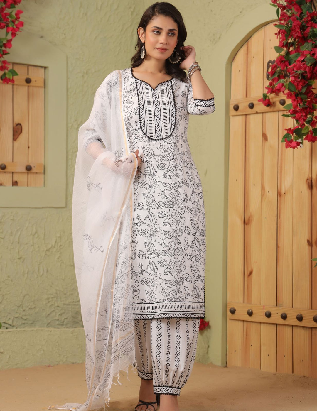 Black White Block Print Cotton Suit Set