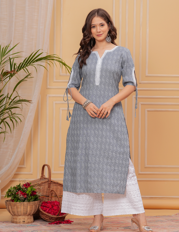 Elegant Grey Kurta Set with White Lace Detailing