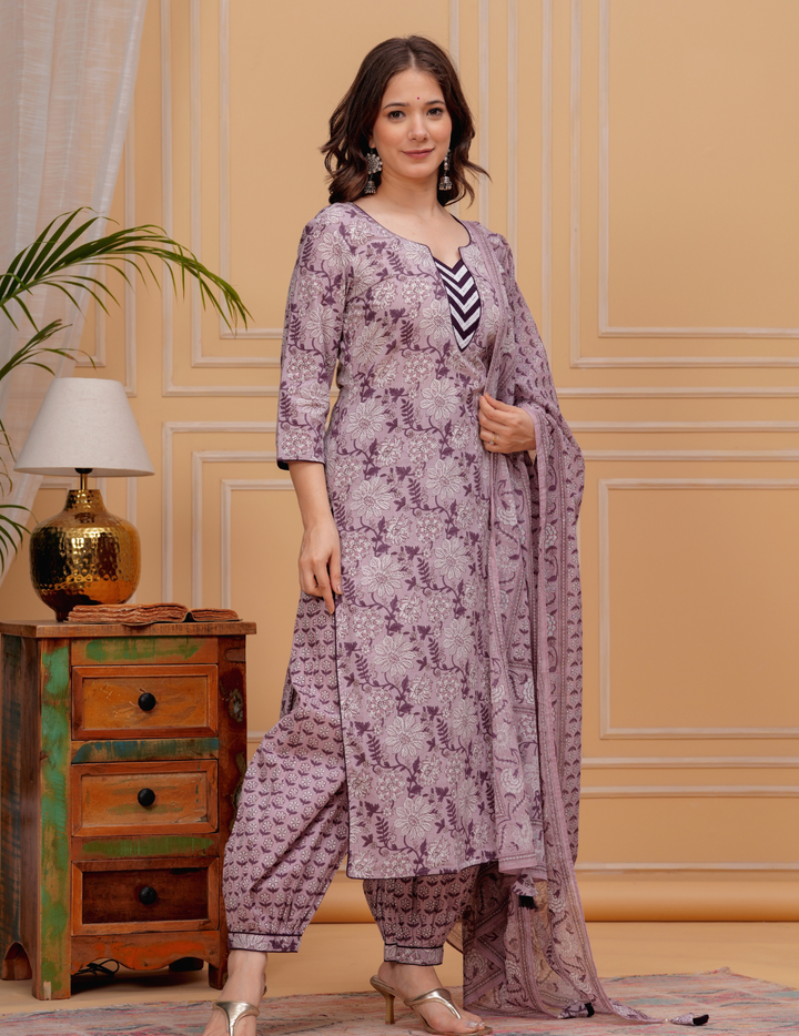 Delicate Lilac Floral Cotton Kurta Set