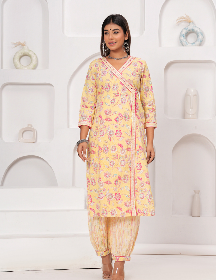 Elegant Floral Yellow Cotton Kurta Set