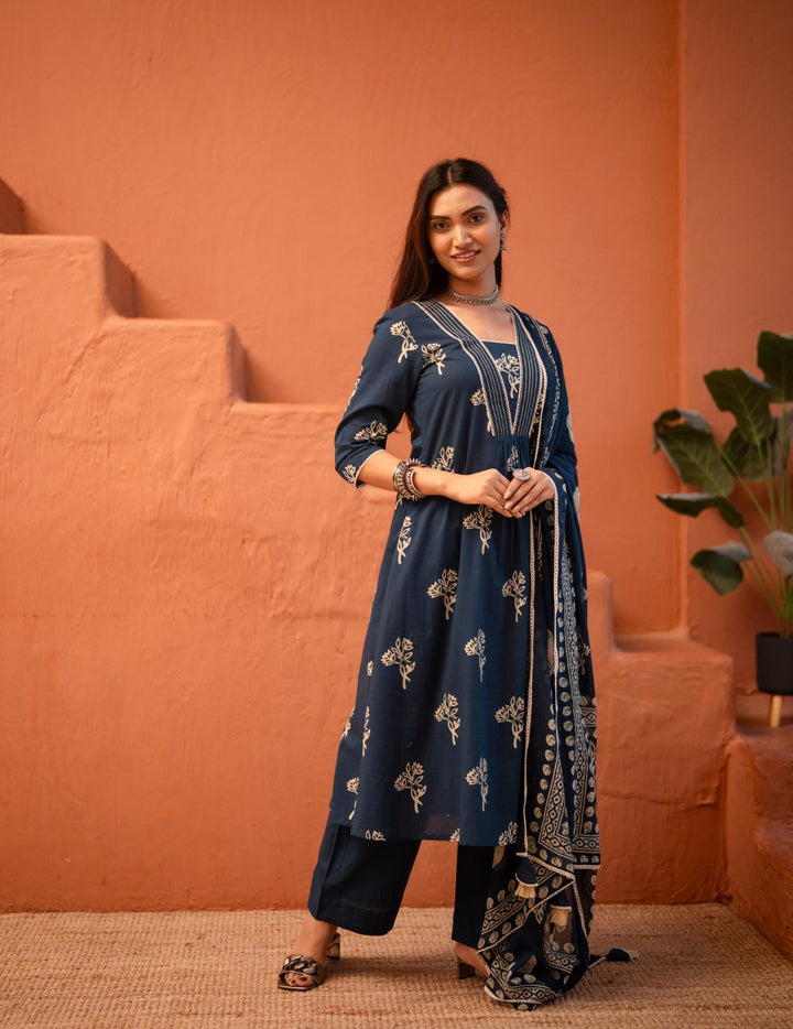 Navy Blue Floral Printed Pure Cotton Kurta Set with Dupatta