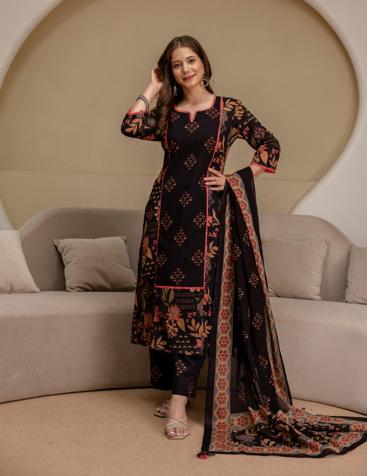 Black Floral Cotton Suit Set