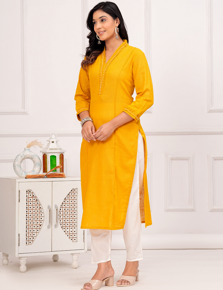 Golden Mustard Embroidered Kurta