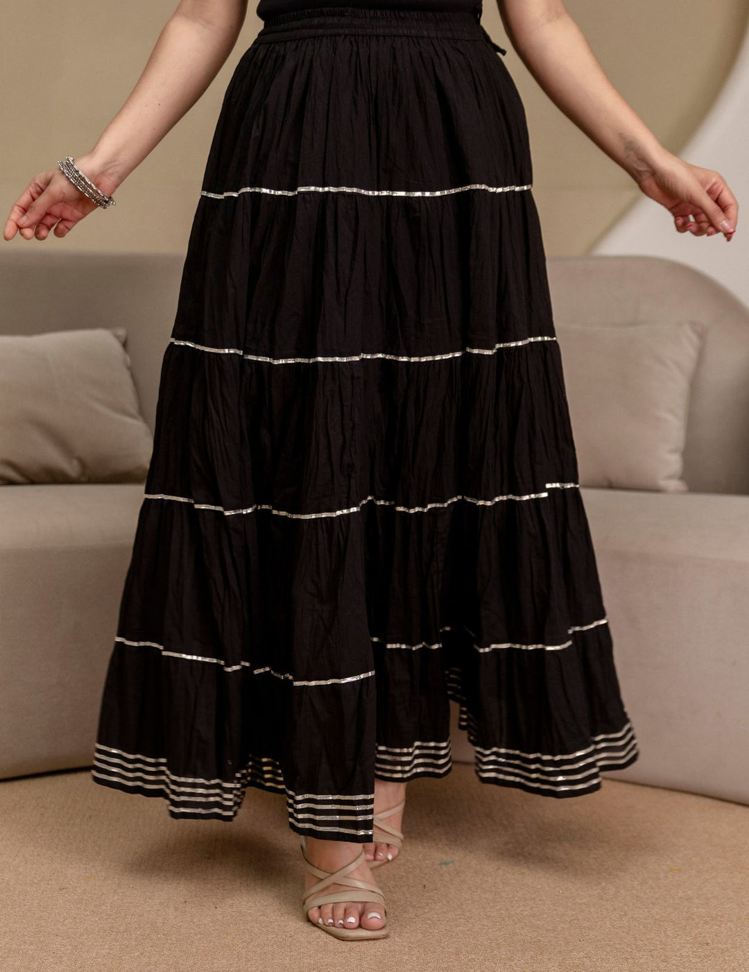 Black Mul Cotton Tiered Skirt