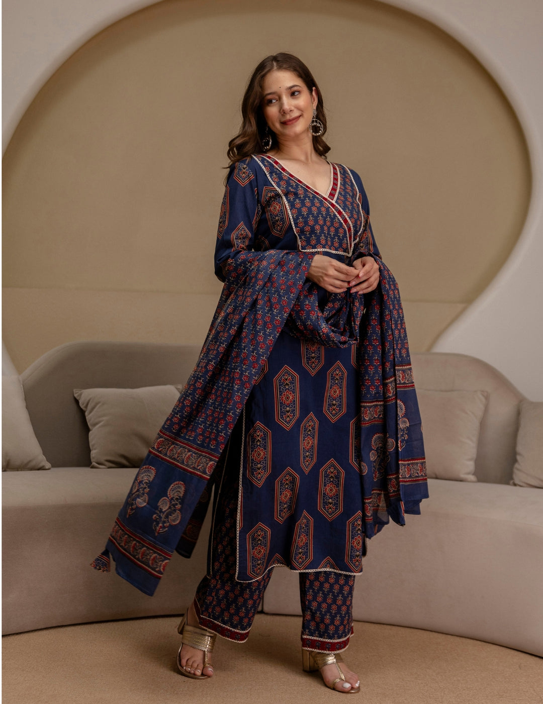 Navy Blue Ajrakh Print Cotton Suit Set