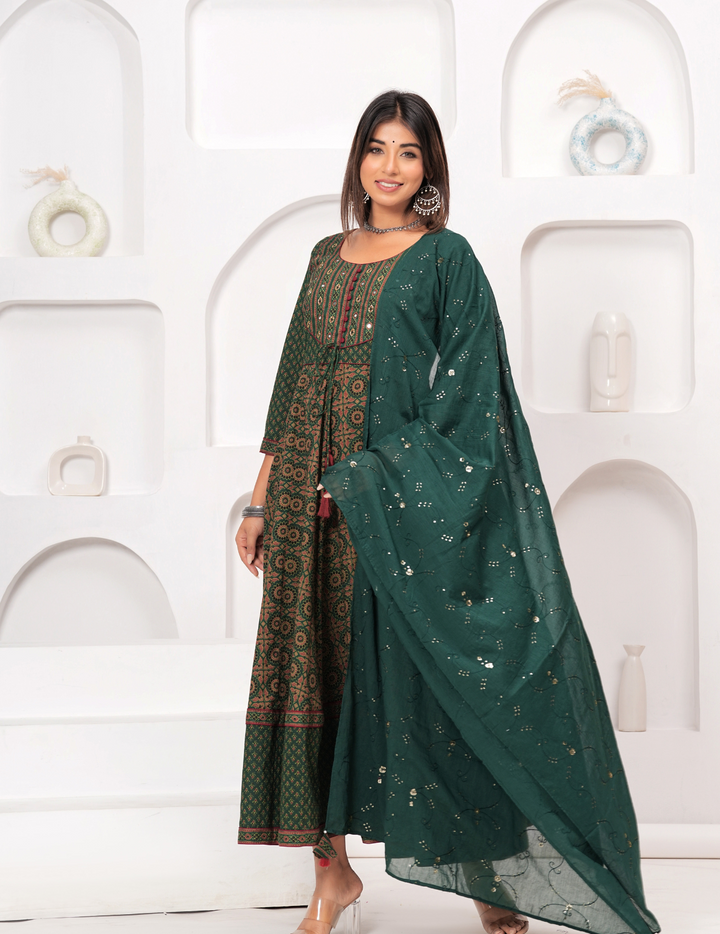 Elegant Green Printed Anarkali Set