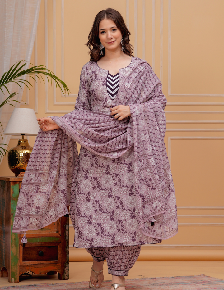 Delicate Lilac Floral Cotton Kurta Set