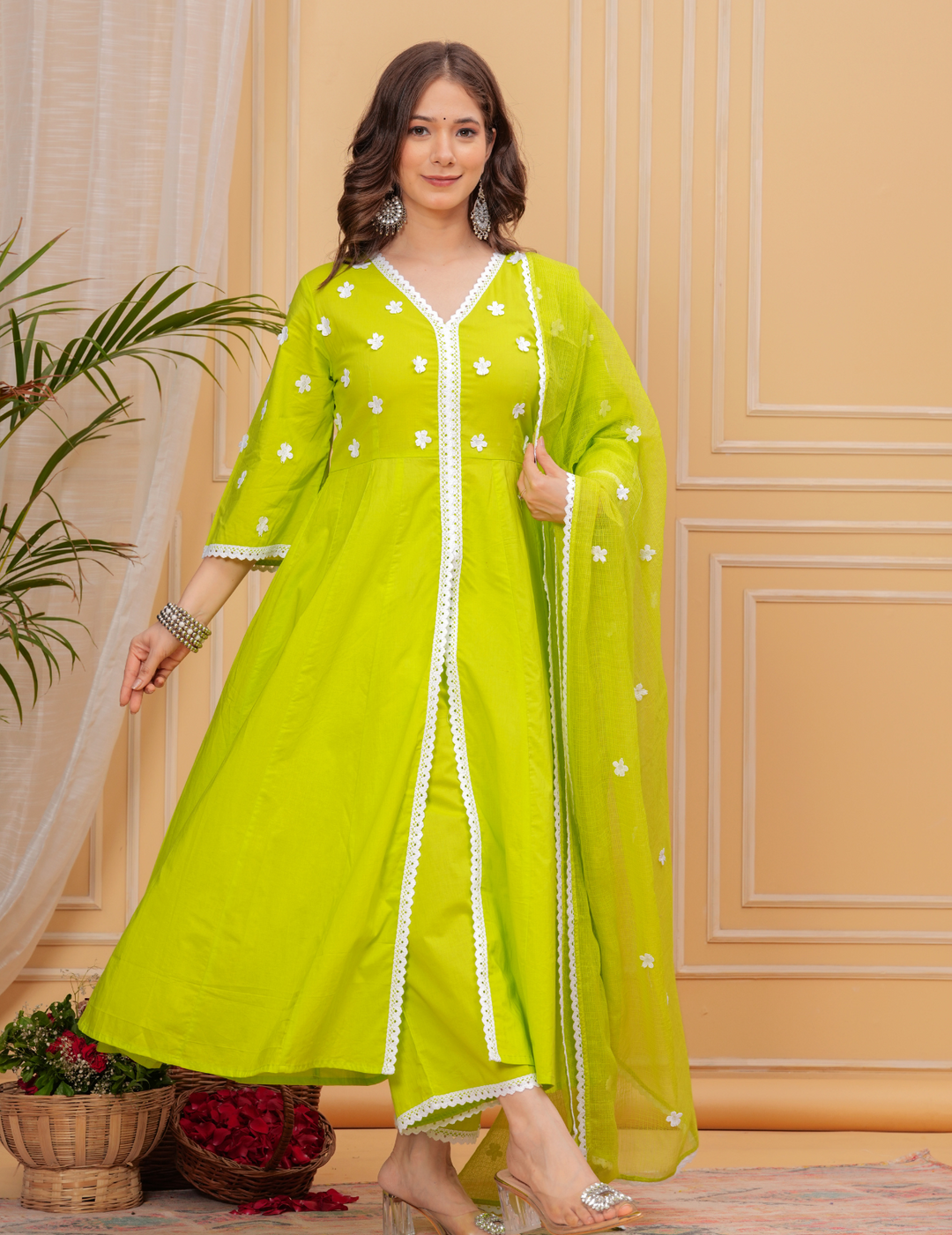 Vibrant Lime Green Anarkali Set with Floral Embroidery