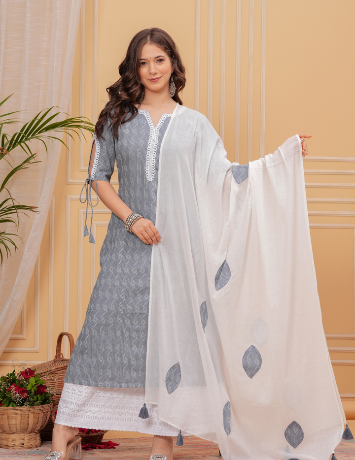 Elegant Grey Kurta Set with White Lace Detailing