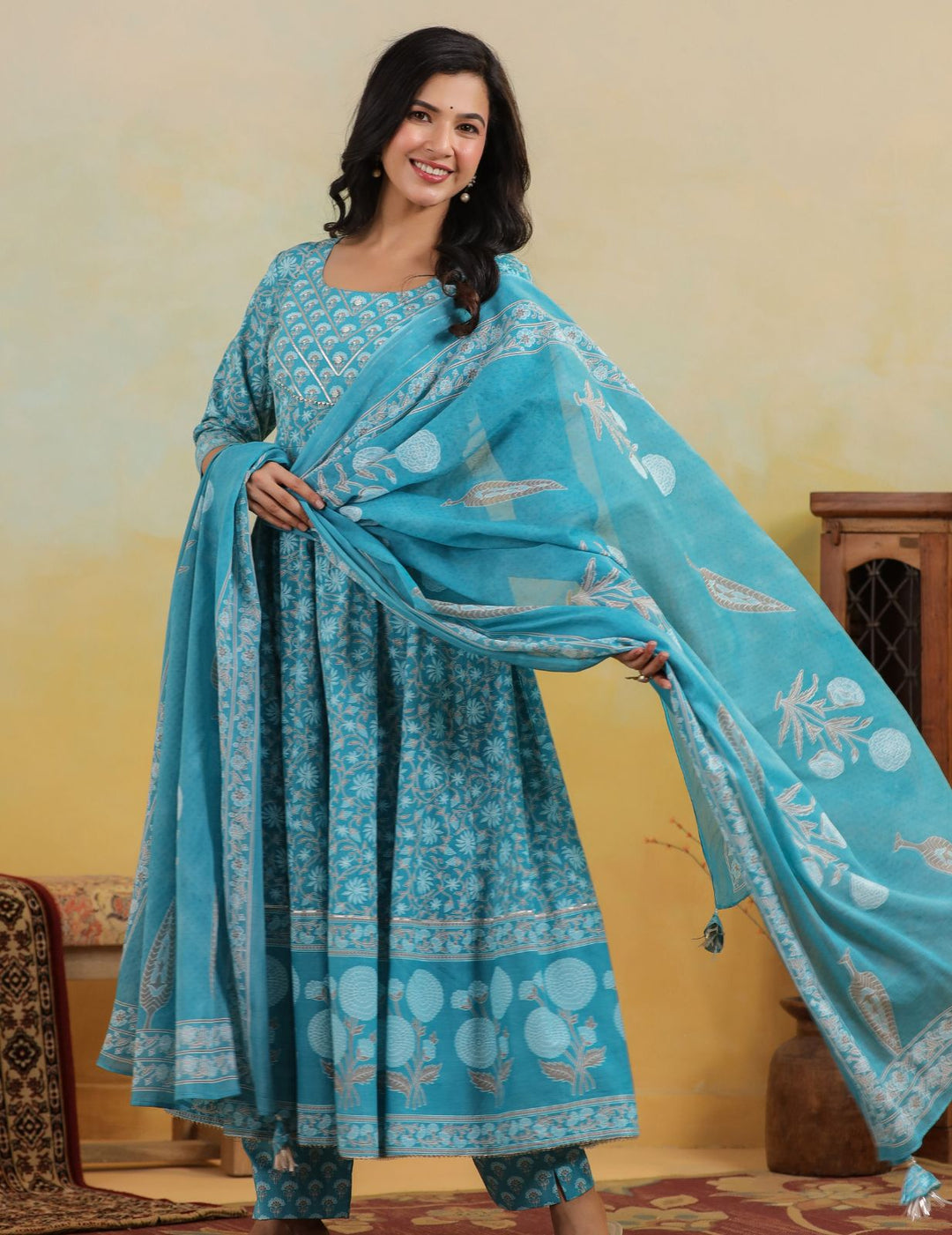 Turquoise Blue Floral Cotton Anarkali Suit Set with Dupatta