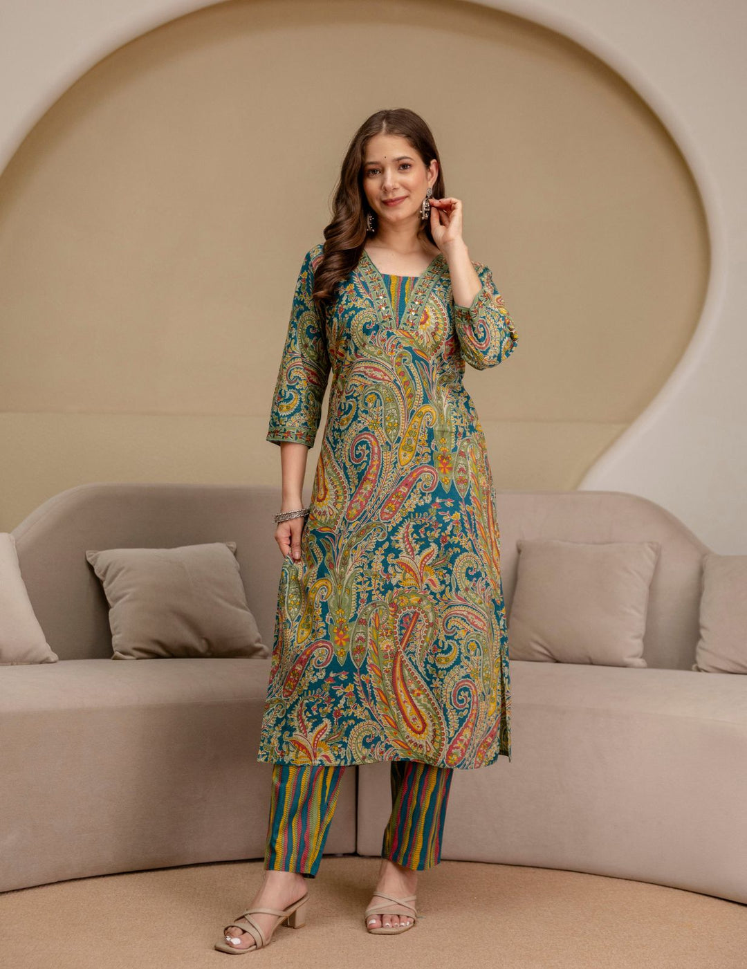 Teal Blue Paisley Cotton Suit Set