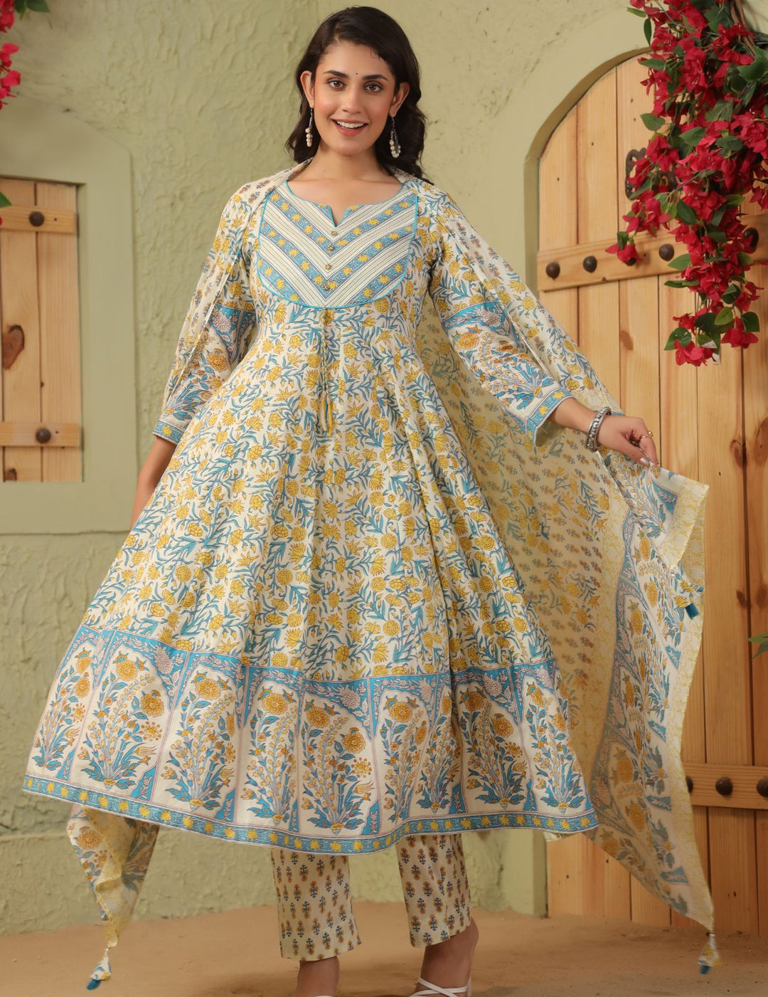 Ivory Floral Printed Cotton Anarkali Suit Set