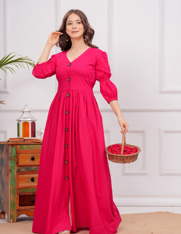 Elegant Hot Pink Maxi Dress with Button-Front Design